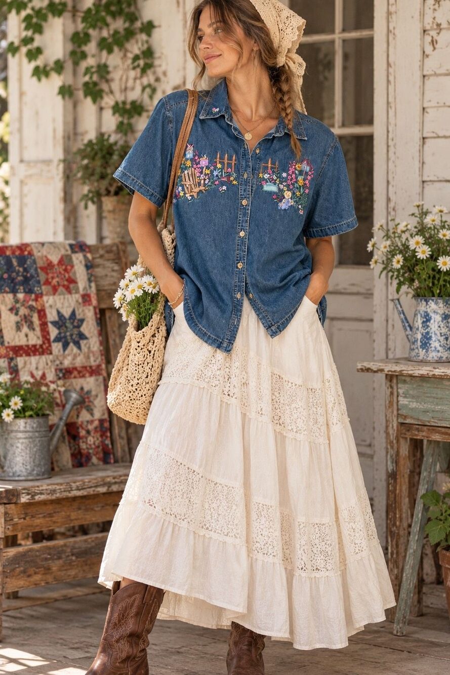 Vintage Bobbie Brooks Embroidered Denim Shirt Women’s 14W Americana Cottagecore